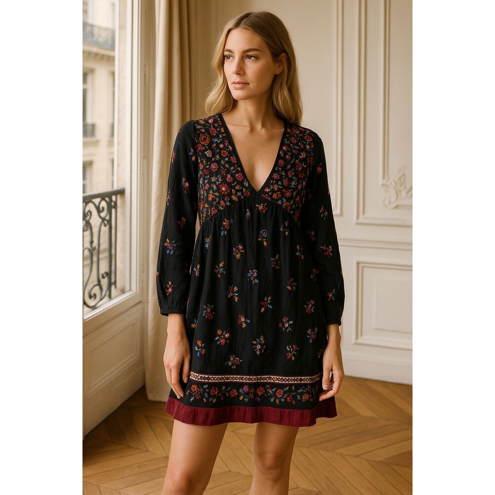 Sézane Floral Boho Tiered Long Sleeve Dress Size 42(FR)/US 10-12 Navy & Burgundy